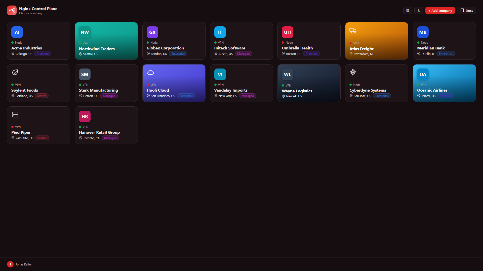 Company overview with live gateway and node status per customer