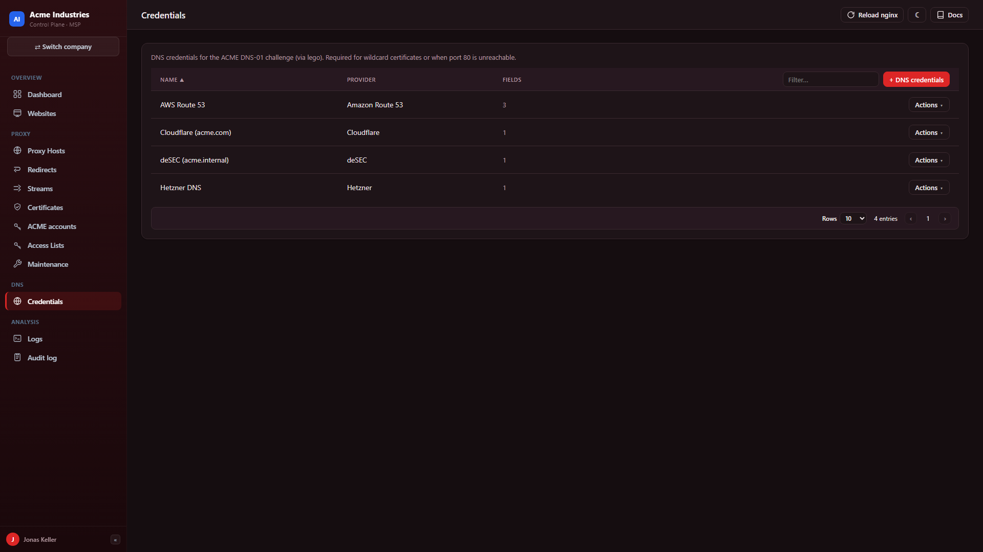 DNS credentials
