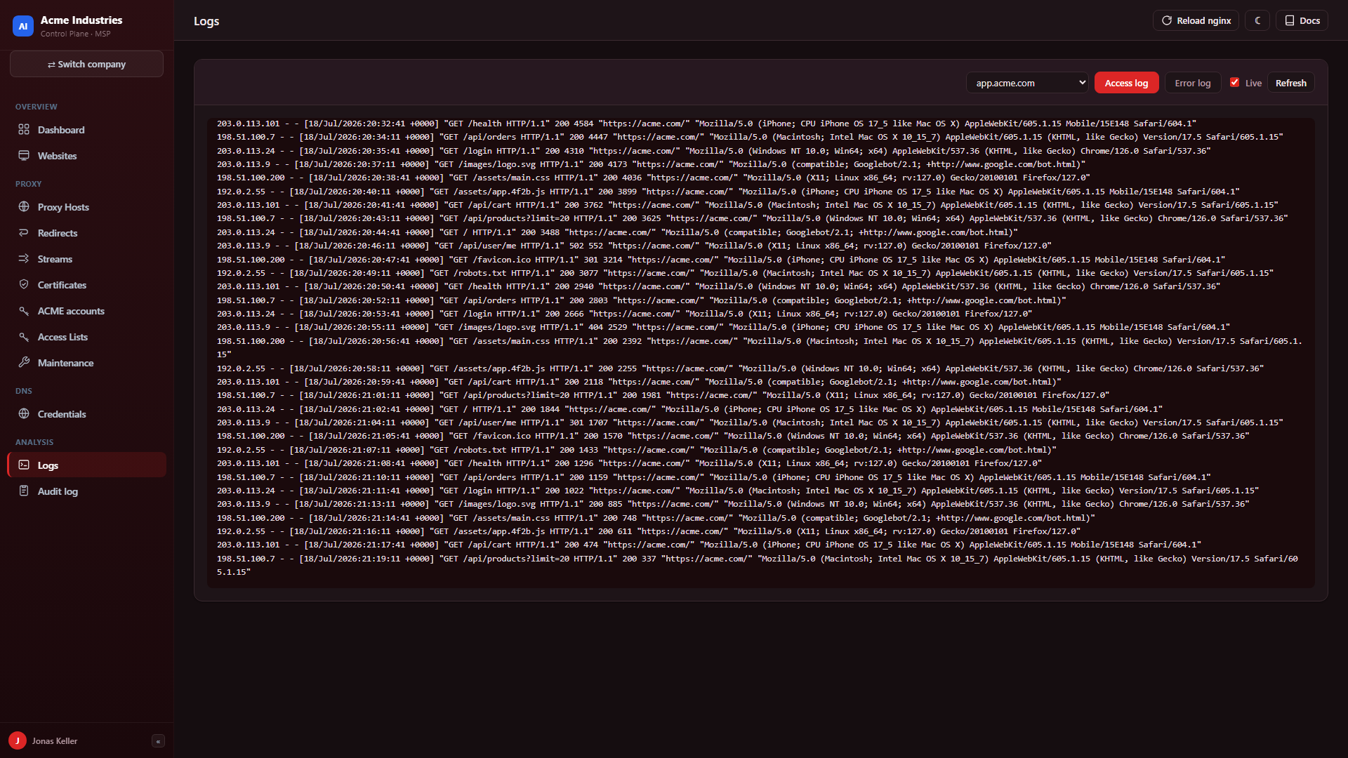 nginx access & error logs