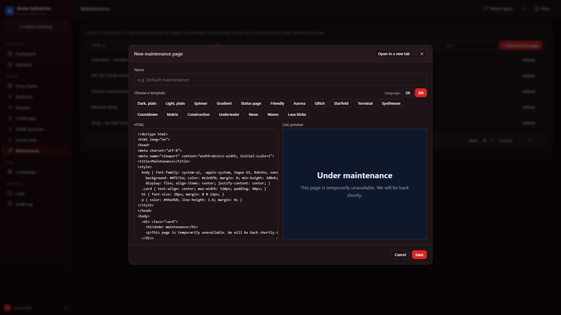 Maintenance pages